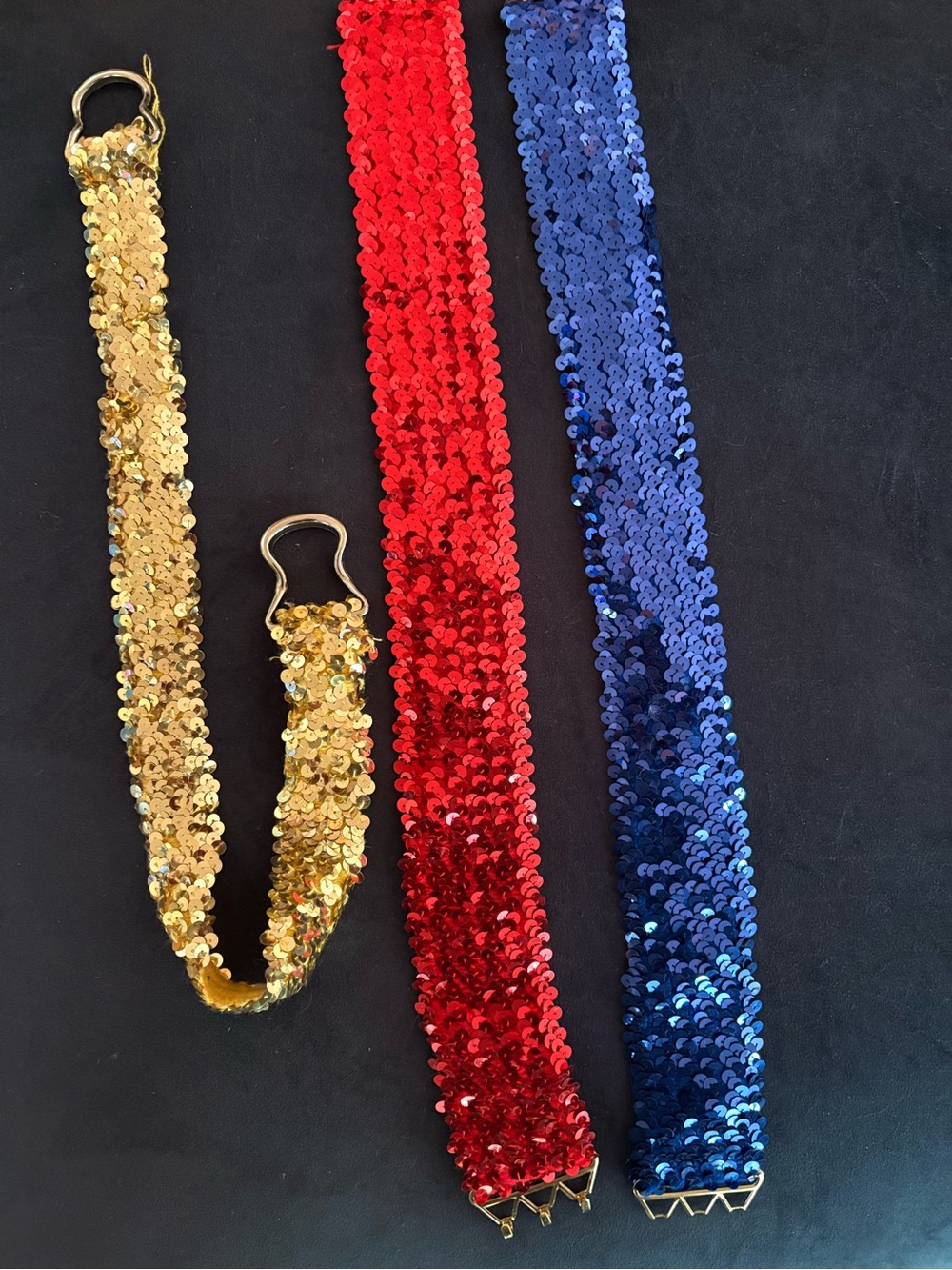 Y2K Sequin Stretch Belts - Gold, Red & Blue